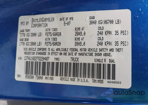 2007 Dodge Ram 1500 Slt/Trx4 Off Road/Sport из США, поврежденный, VIN 1D7HU18227S220487